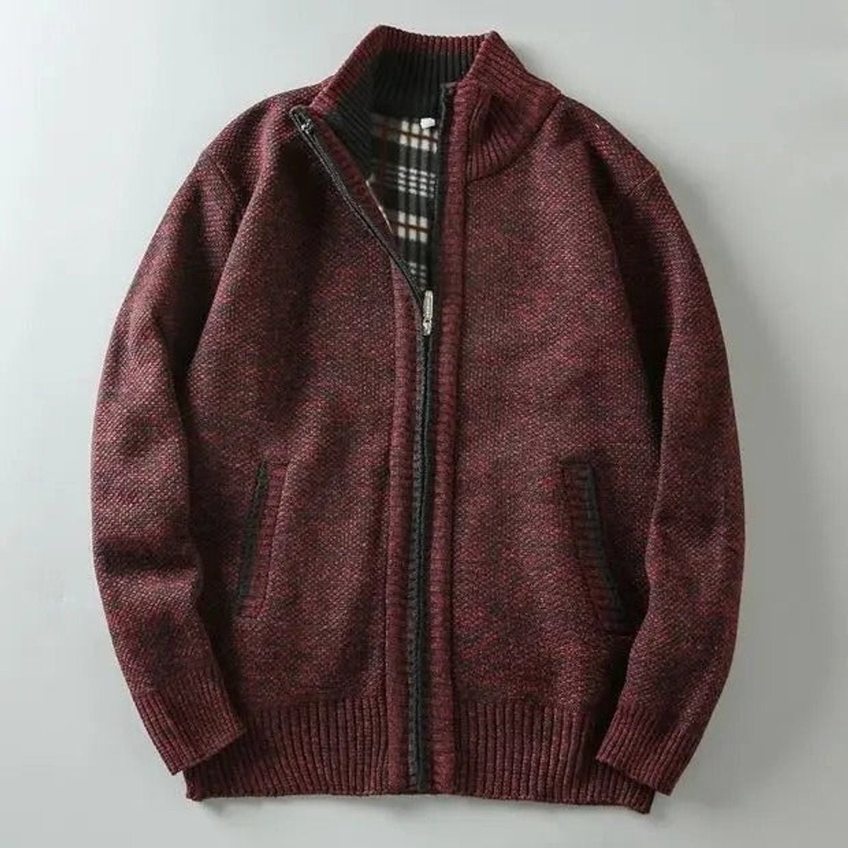Charcoal grey knitted bomber jacket with stand collar and zip