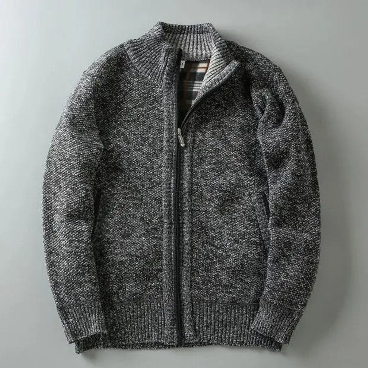 Light grey knit zip-up jacket with tartan-lined collar detail