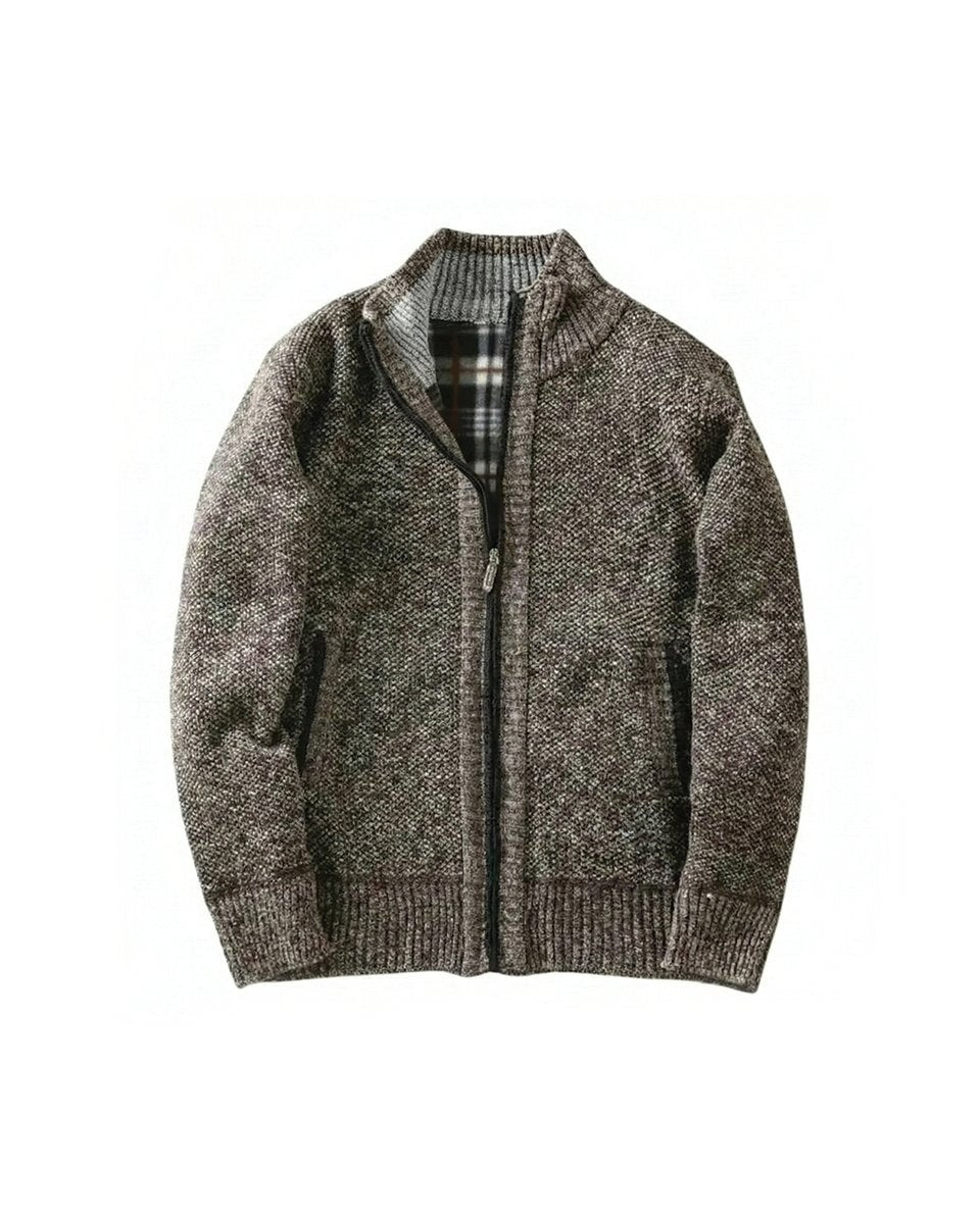 Taupe knitted bomber jacket with stand collar and chest zip fastening
