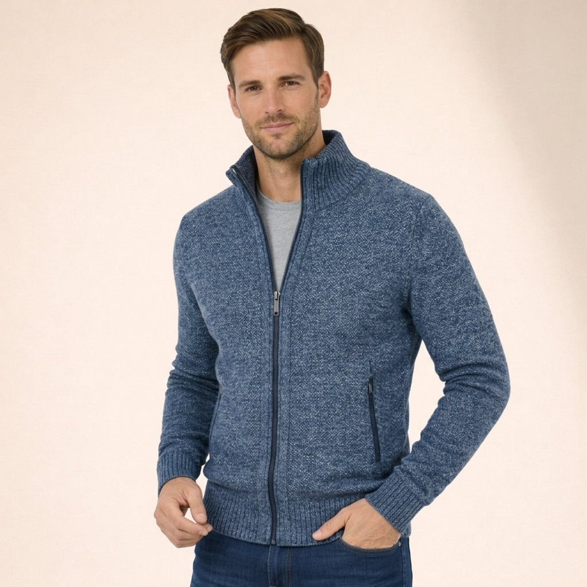 Denim blue marl knitted cardigan jumper with full zip and funnel neck