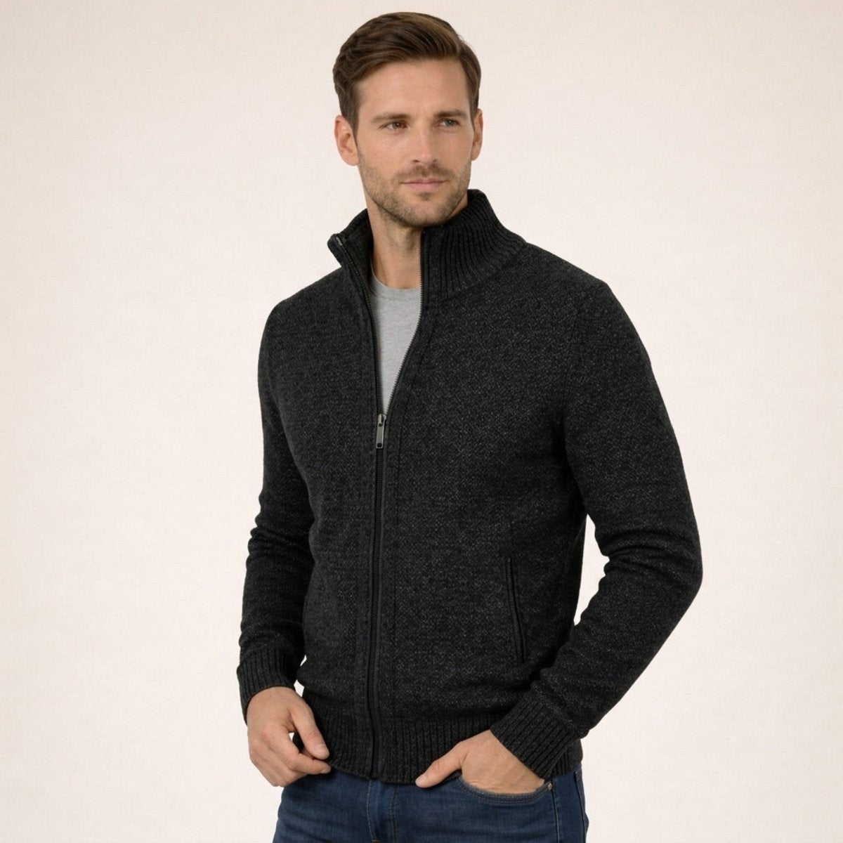 Charcoal marl merino wool zip-up cardigan with ribbed collar and cuffs