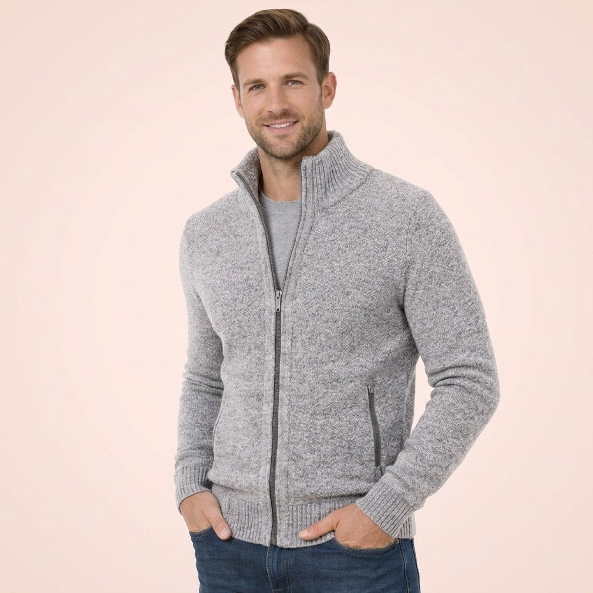 Light grey marl full-zip knitted cardigan with high funnel neck