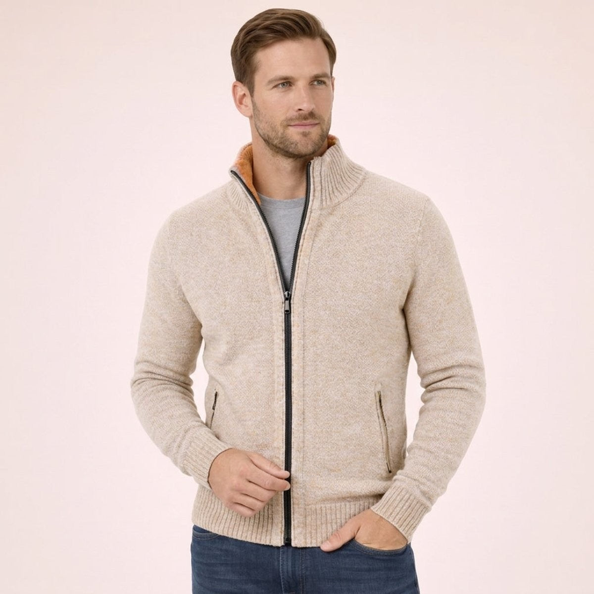 Oatmeal marl zip-up cardigan jumper with contrasting orange inner collar