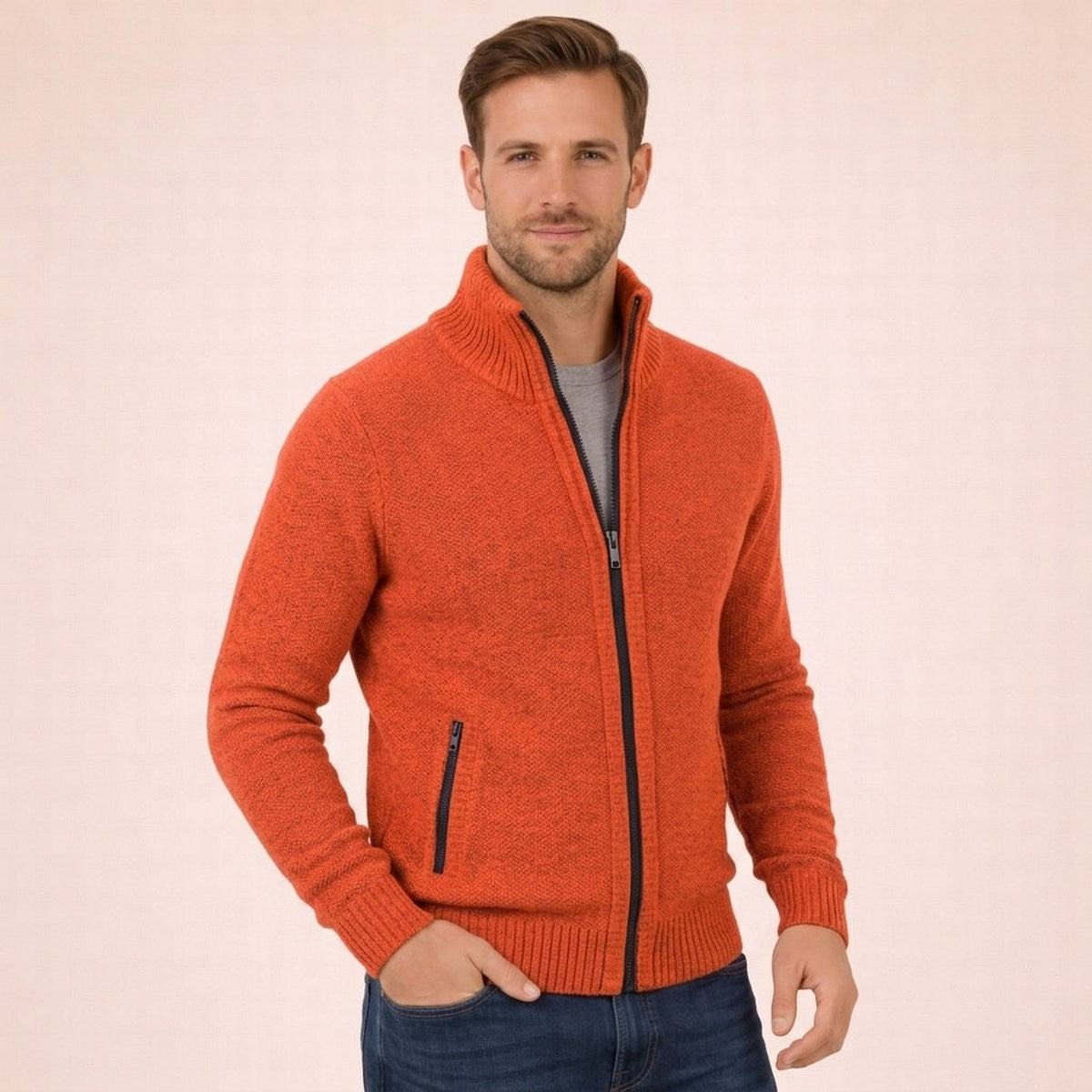 Burnt orange marl merino wool cardigan with zipped chest pocket