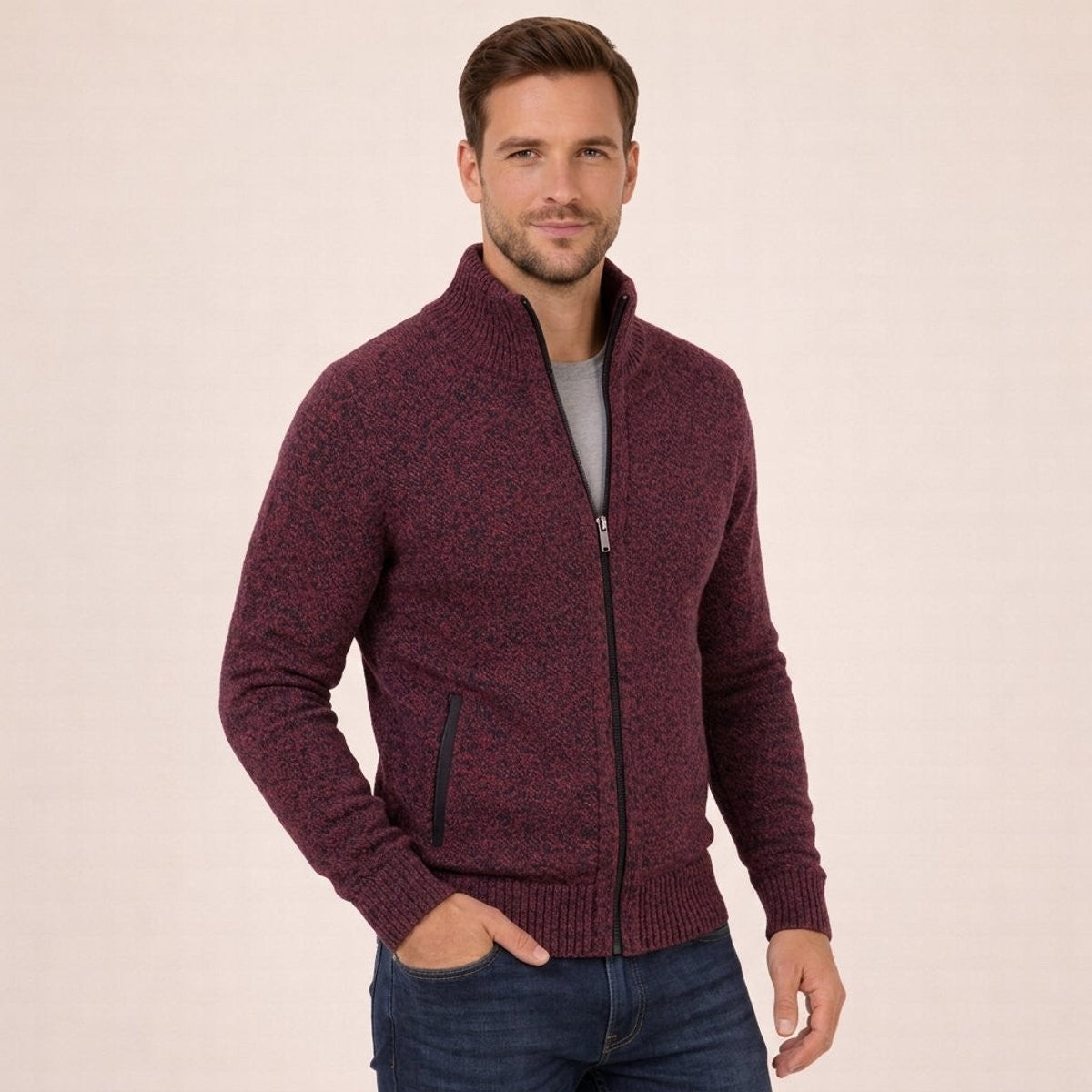 Burgundy marl knitted cardigan jumper with full-length zip fastening