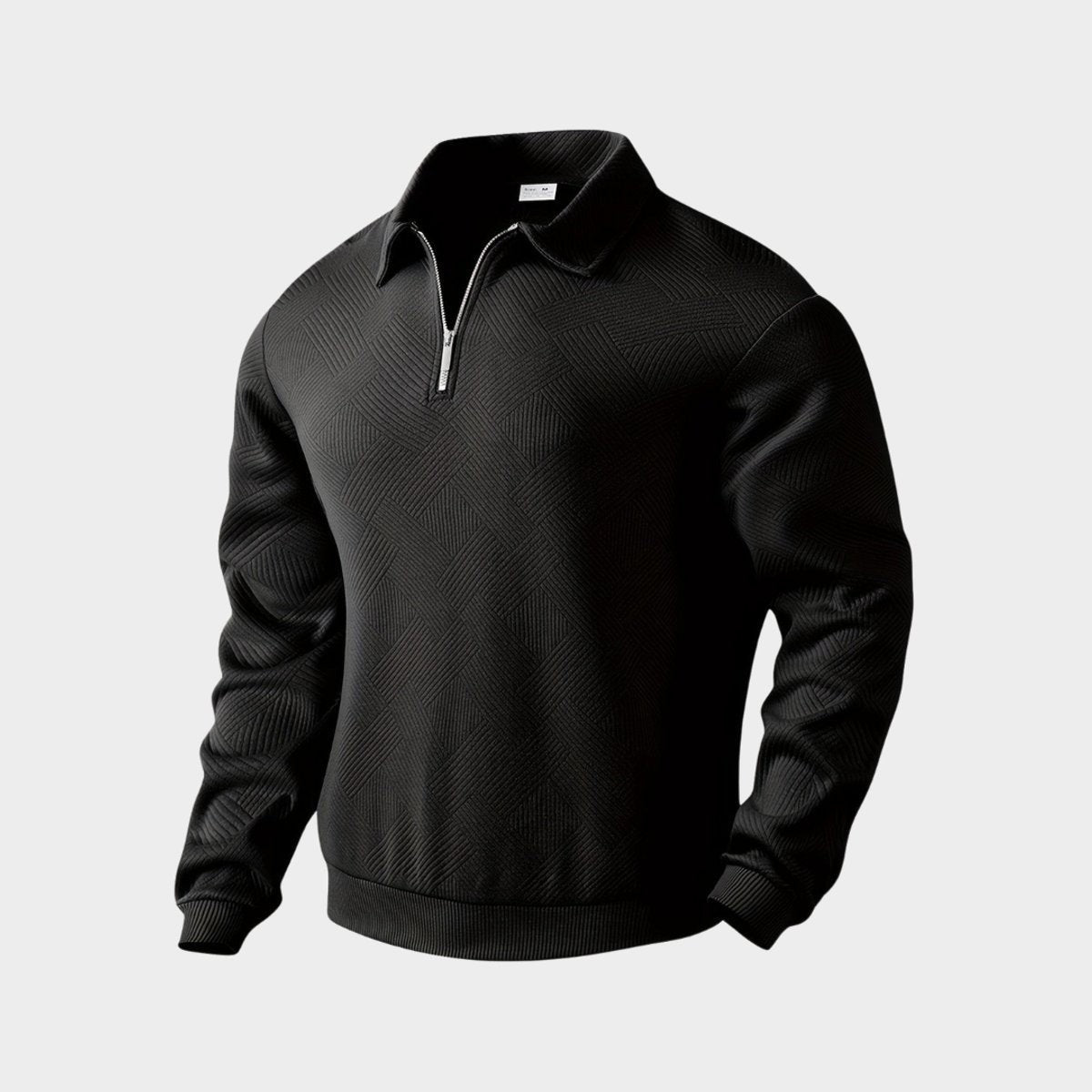 Black quarter-zip textured polo jumper with ribbed collar, front view