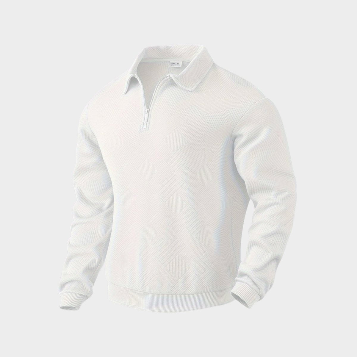 White quarter-zip textured polo jumper with subtle diamond pattern