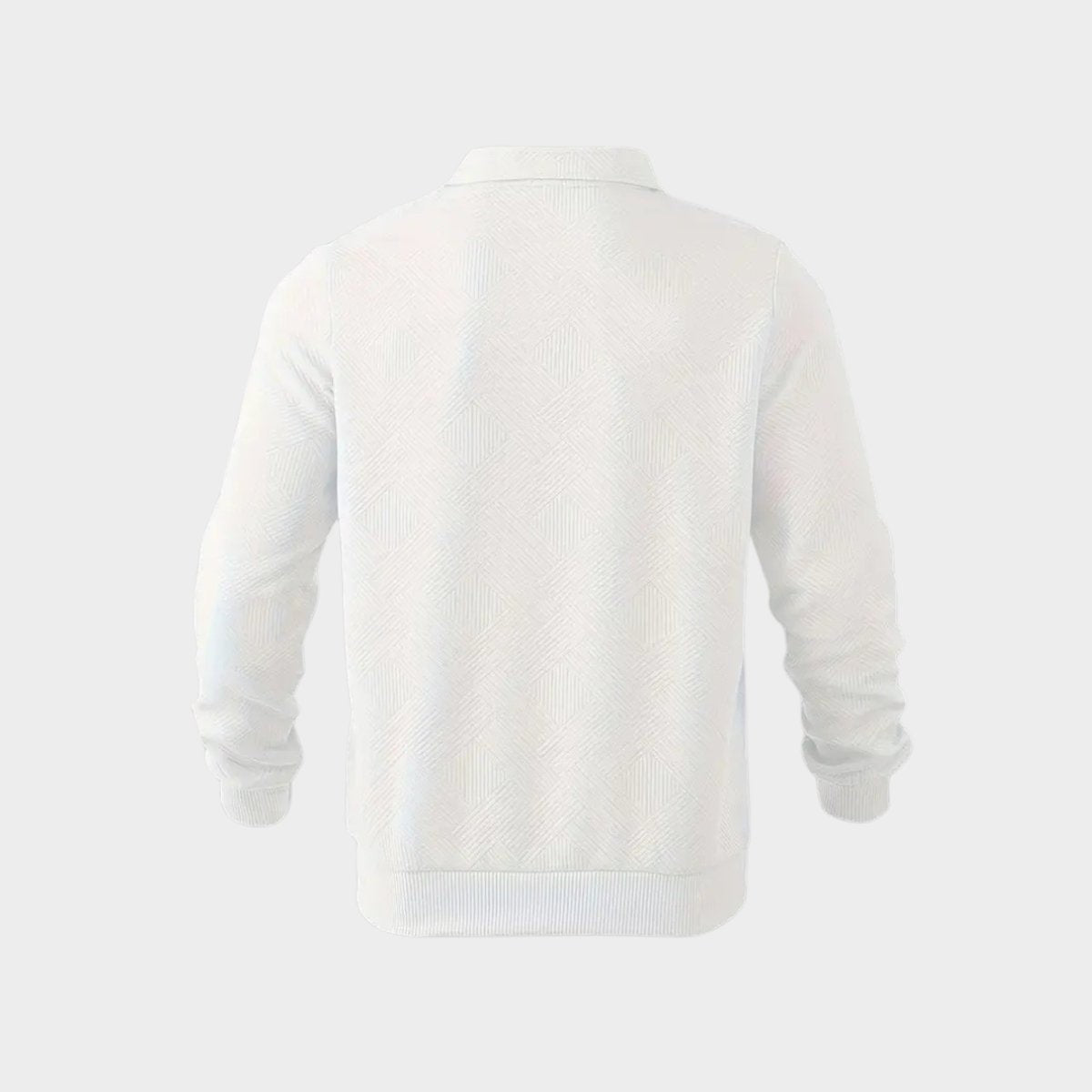 White textured polo jumper displayed from behind with ribbed collar
