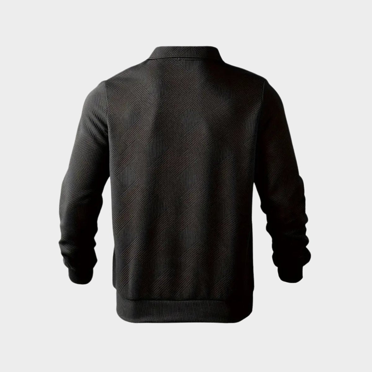 Black textured polo jumper shown from behind with ribbed hem