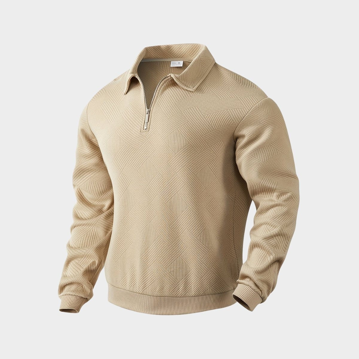 Beige quarter-zip textured polo jumper with geometric knit pattern