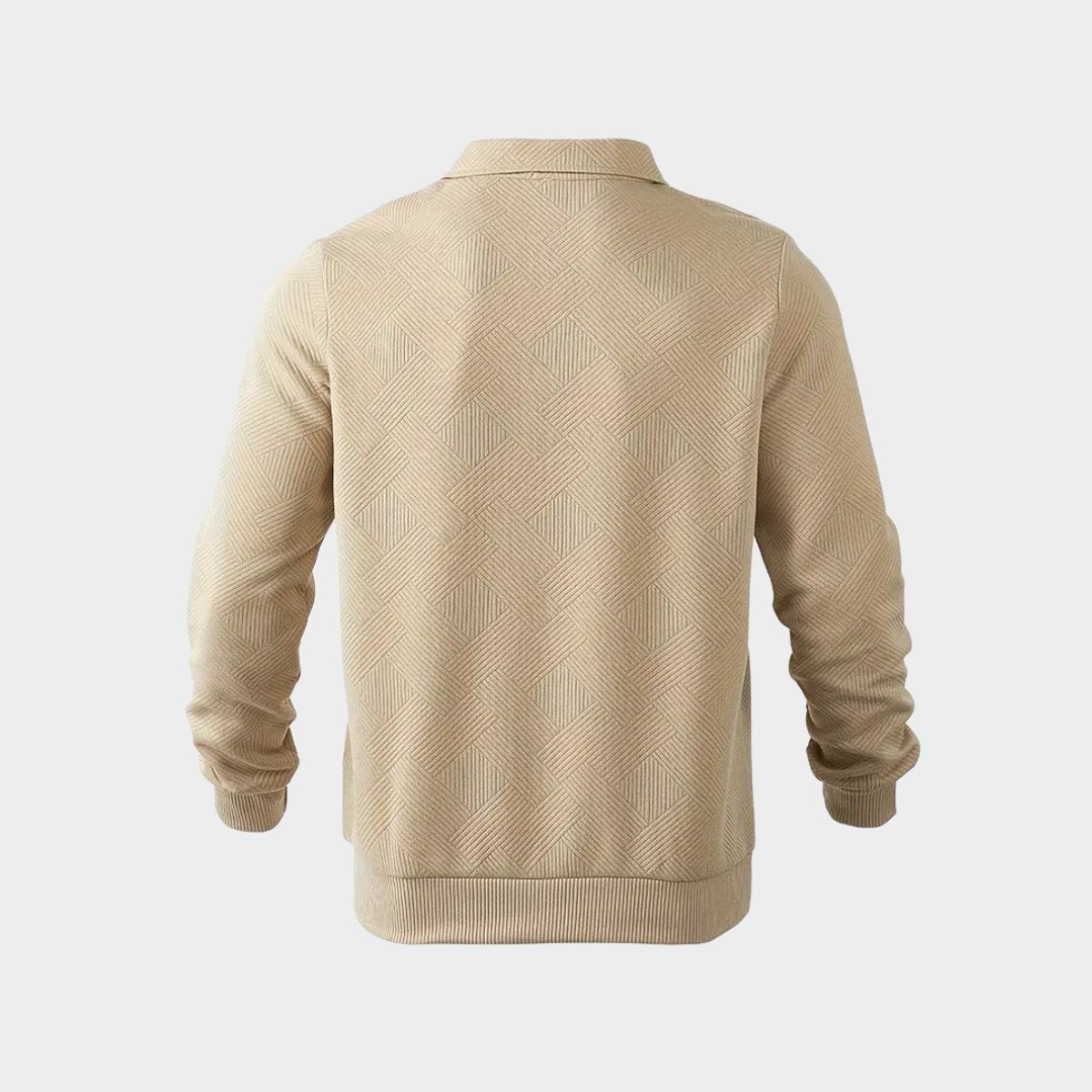 Beige textured polo jumper displayed from the back with ribbed cuffs