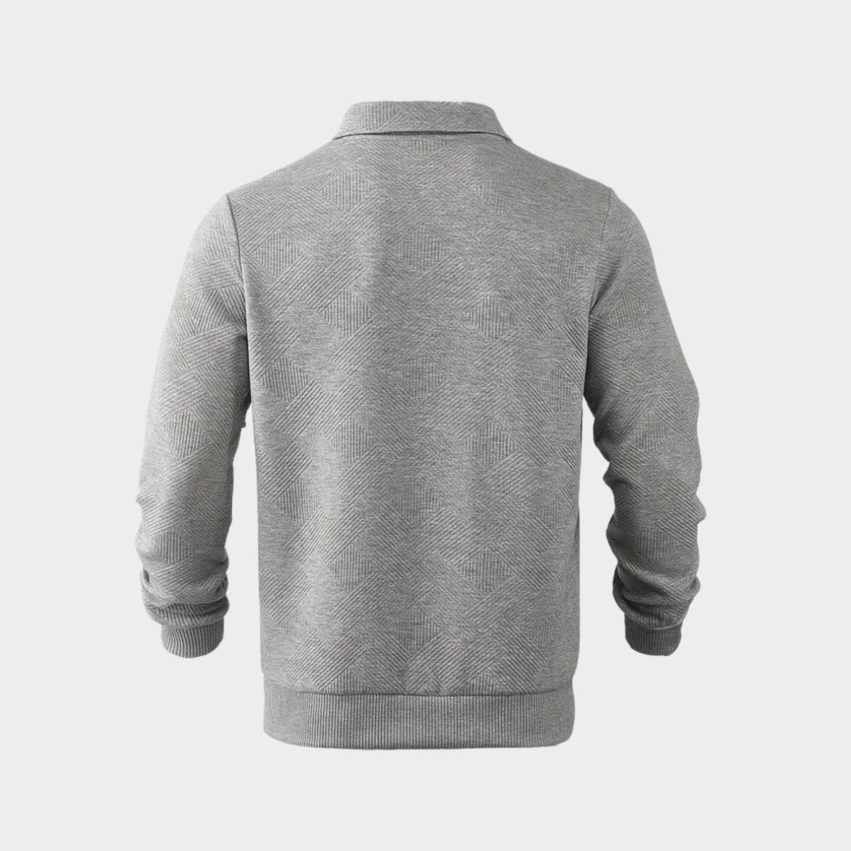 Grey marl textured polo jumper viewed from behind, ribbed hem