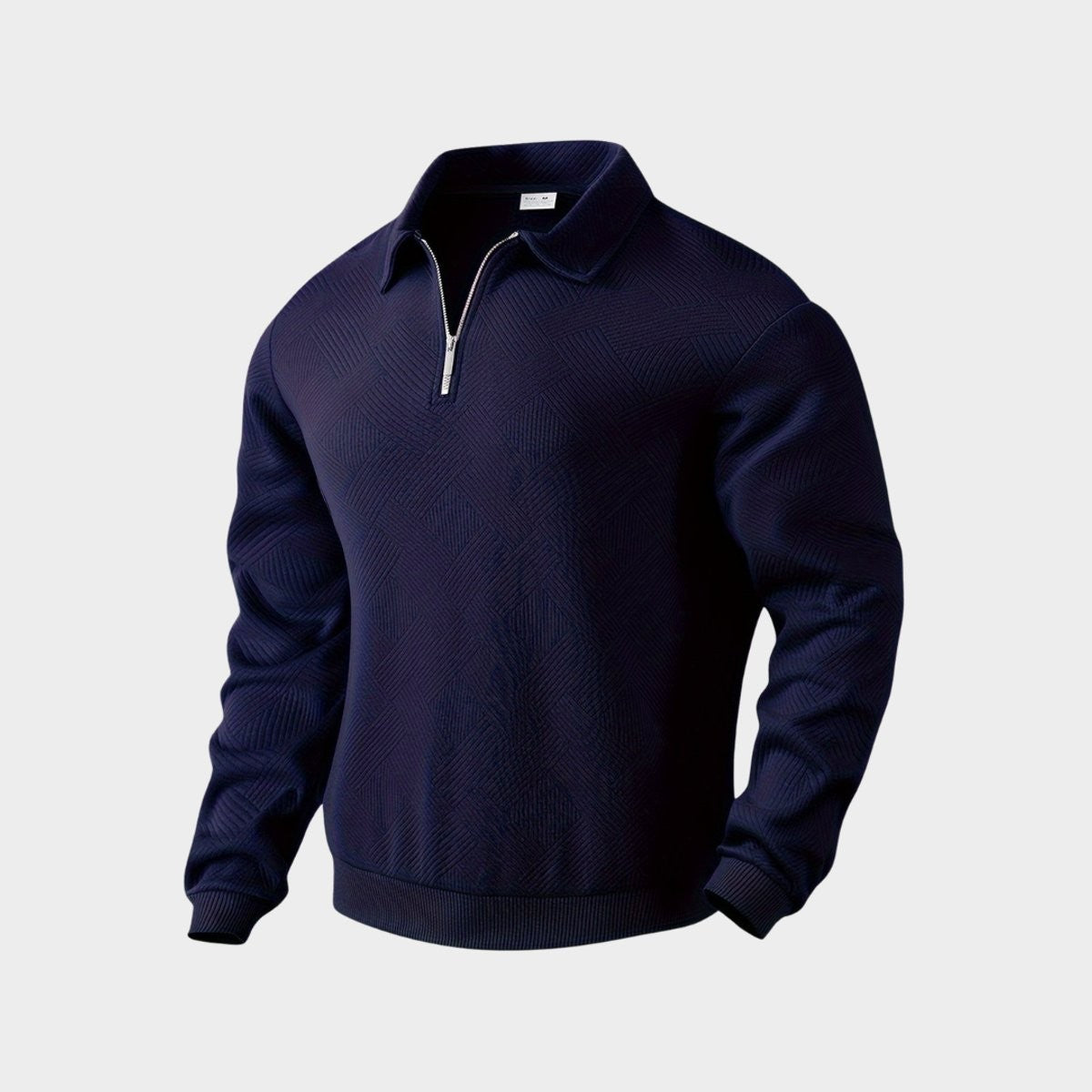 Navy quarter-zip textured polo jumper with silver-tone zip pull