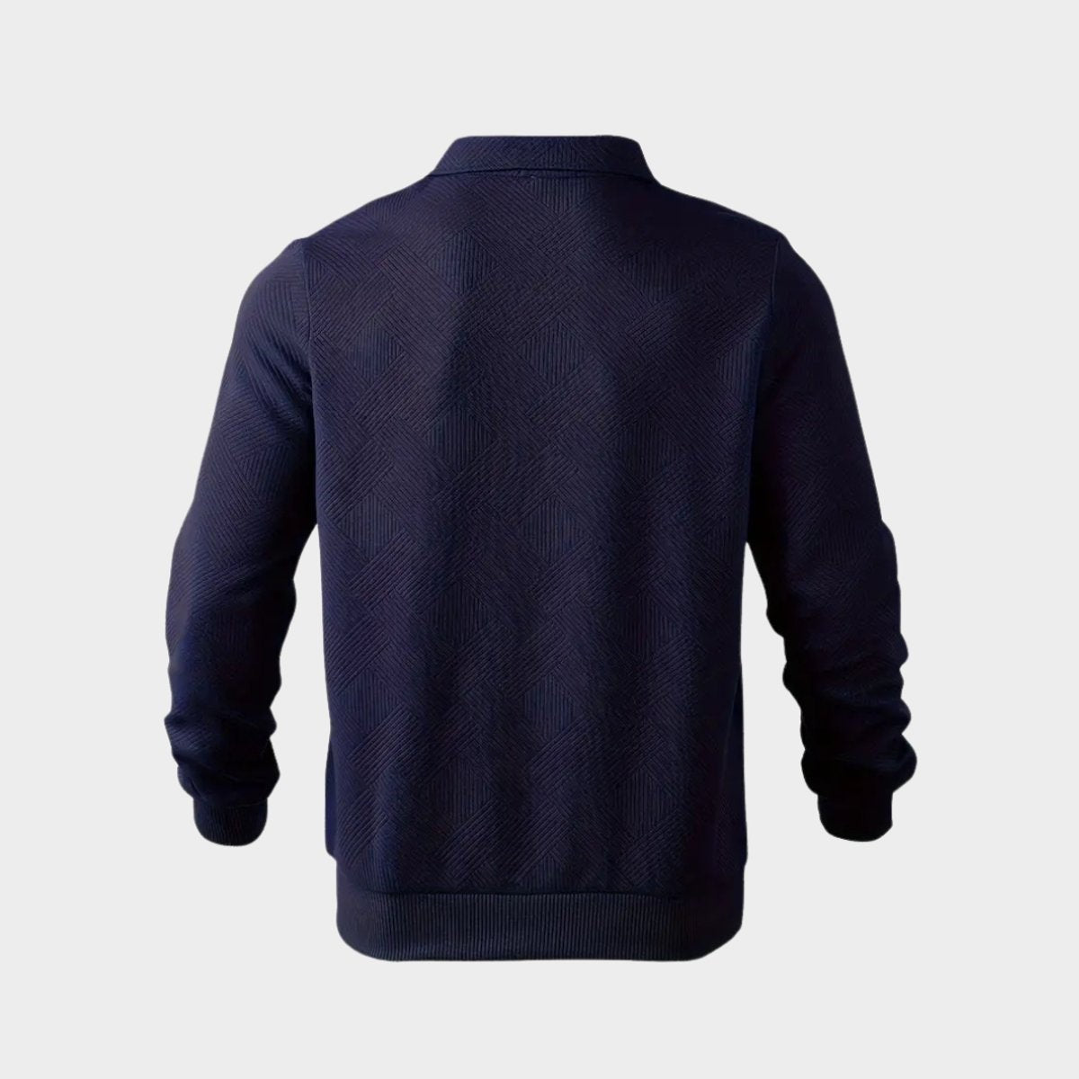 Navy textured polo jumper shown from behind with ribbed cuffs