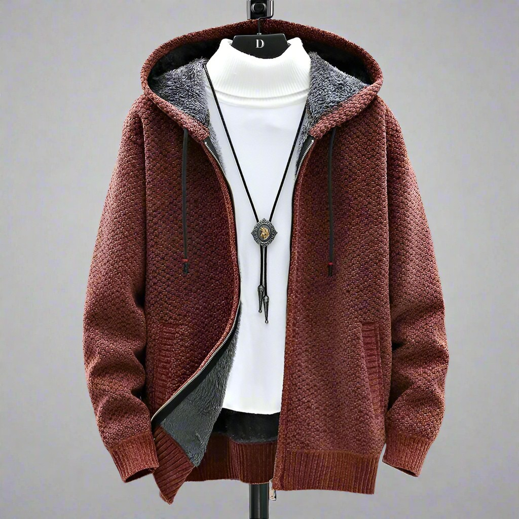 Rust red knitted zip hoodie with fleece-lined hood and pockets