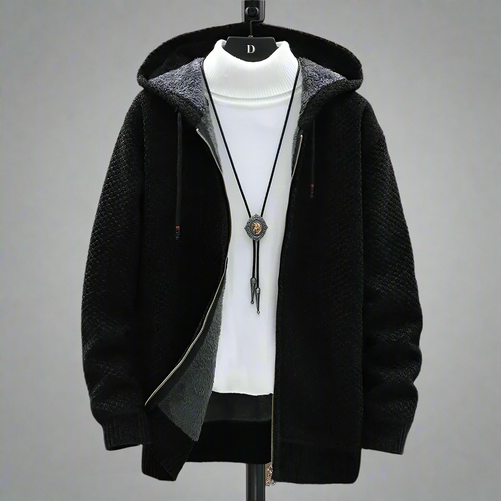 Black knitted hoodie with fleece lining and drawstring hood detail