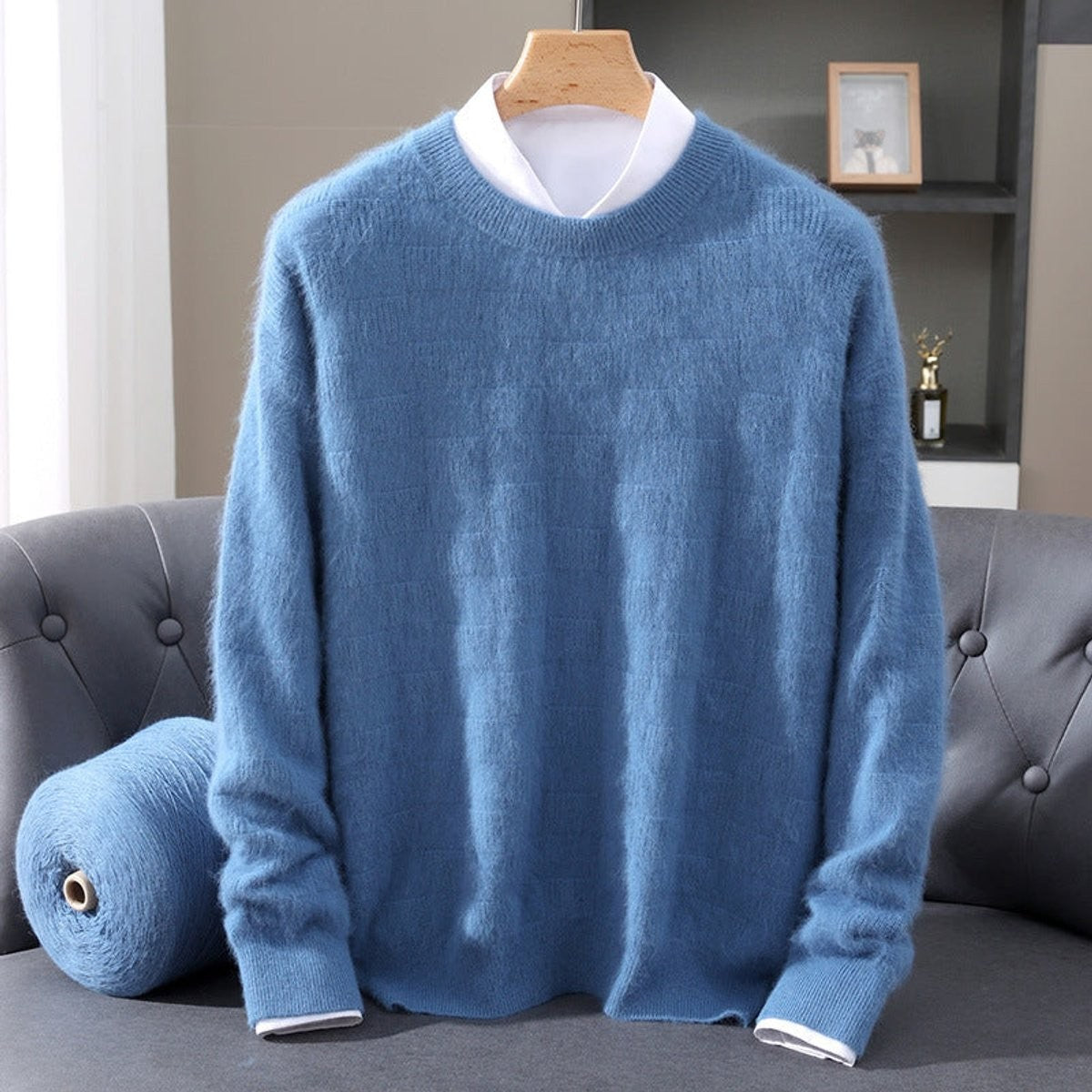 Blue mink-blend crew neck jumper with subtle textured knit, layered over white shirt