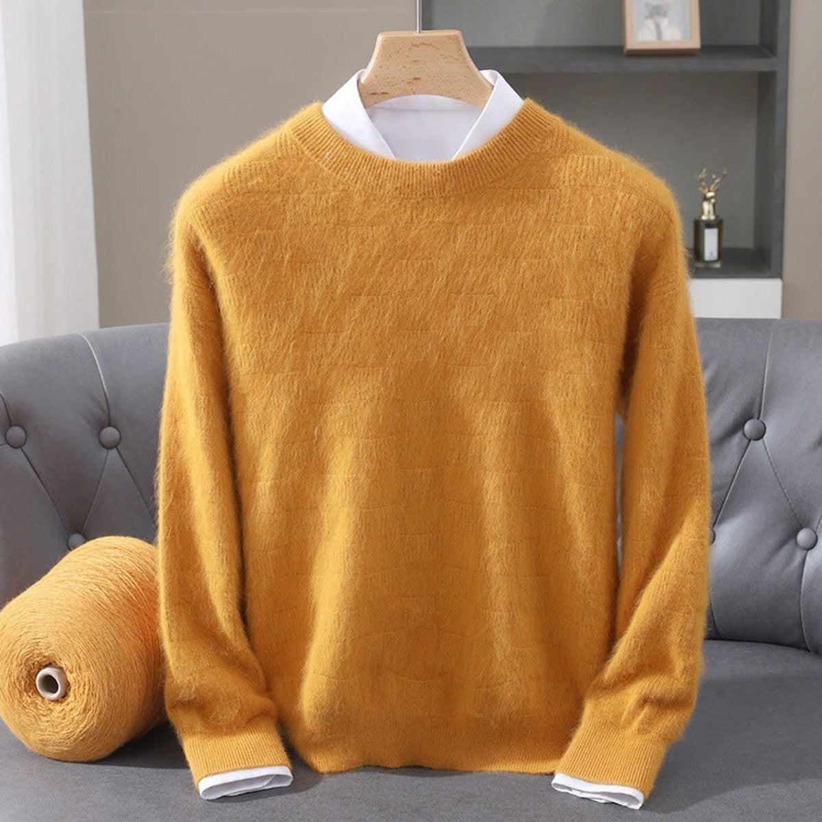Mustard yellow knitted crew neck jumper with fluffy mink-blend texture and ribbed cuffs