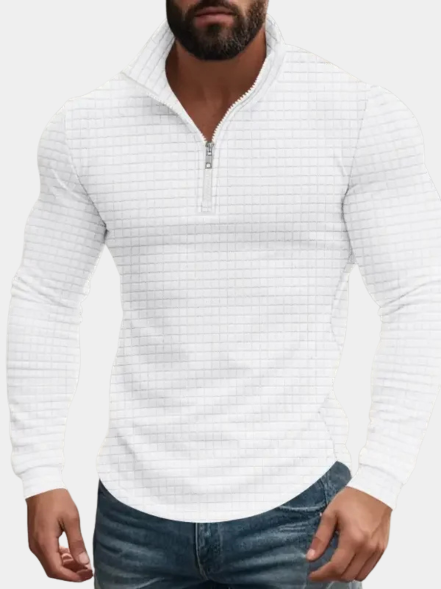 White quarter-zip waffle-textured sweatshirt with long sleeves and stand collar