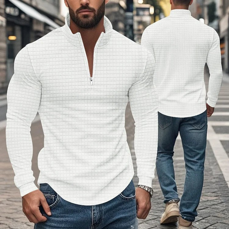 Front and back view of white quarter-zip waffle-textured sweatshirt outfit