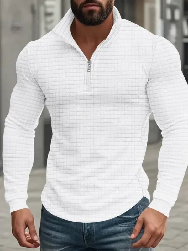 Man wearing white textured quarter-zip pullover with ribbed cuffs and hem
