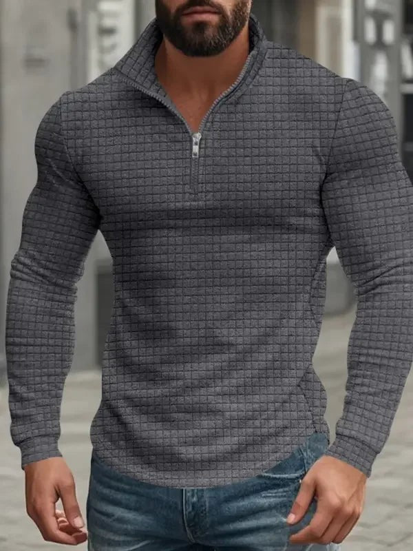 Charcoal grey waffle-knit quarter-zip sweatshirt with ribbed cuffs
