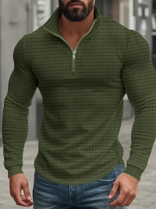 Khaki green textured quarter-zip pullover with silver zip and stand collar