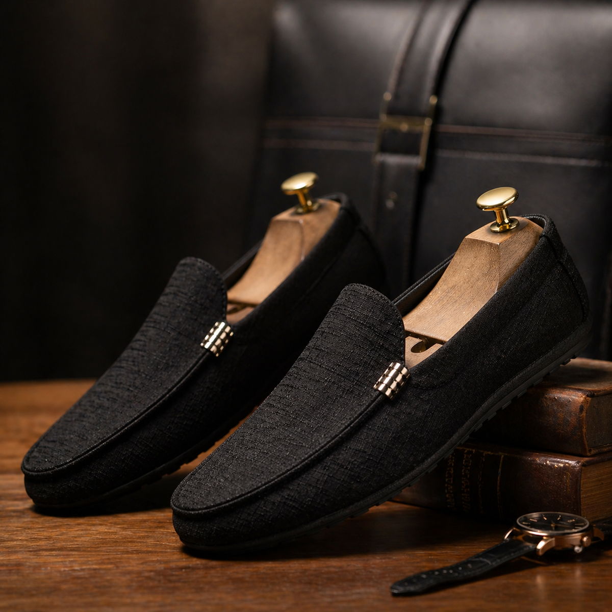 Pair of black textured canvas loafers displayed on wooden shoe trees
