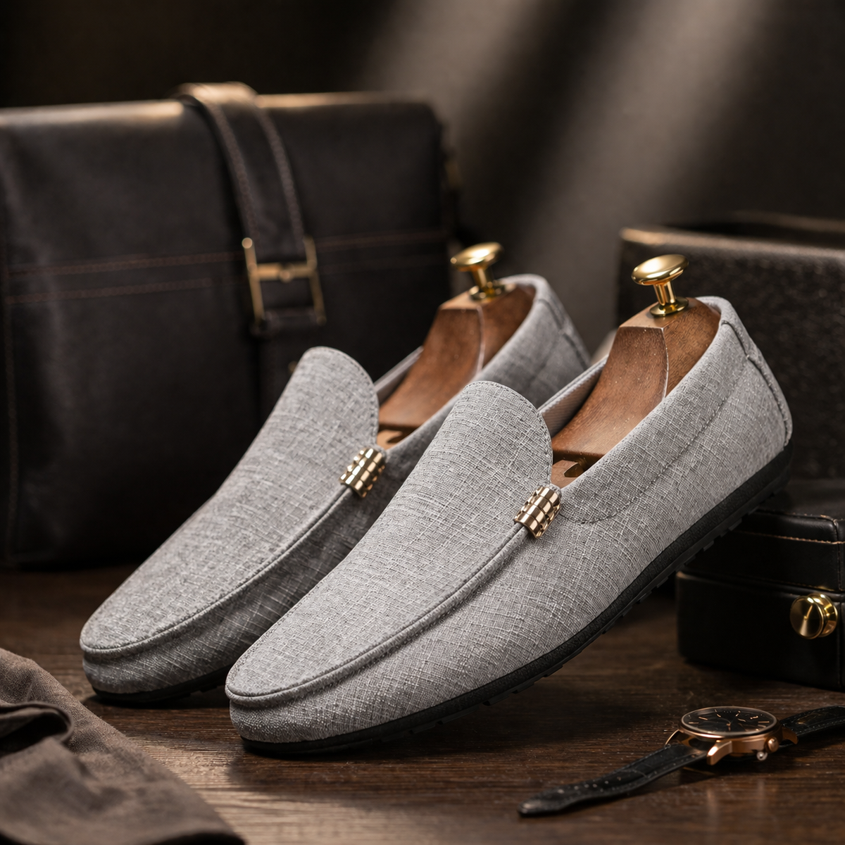 Grey canvas slip-on loafers with gold buckle detail, styled together