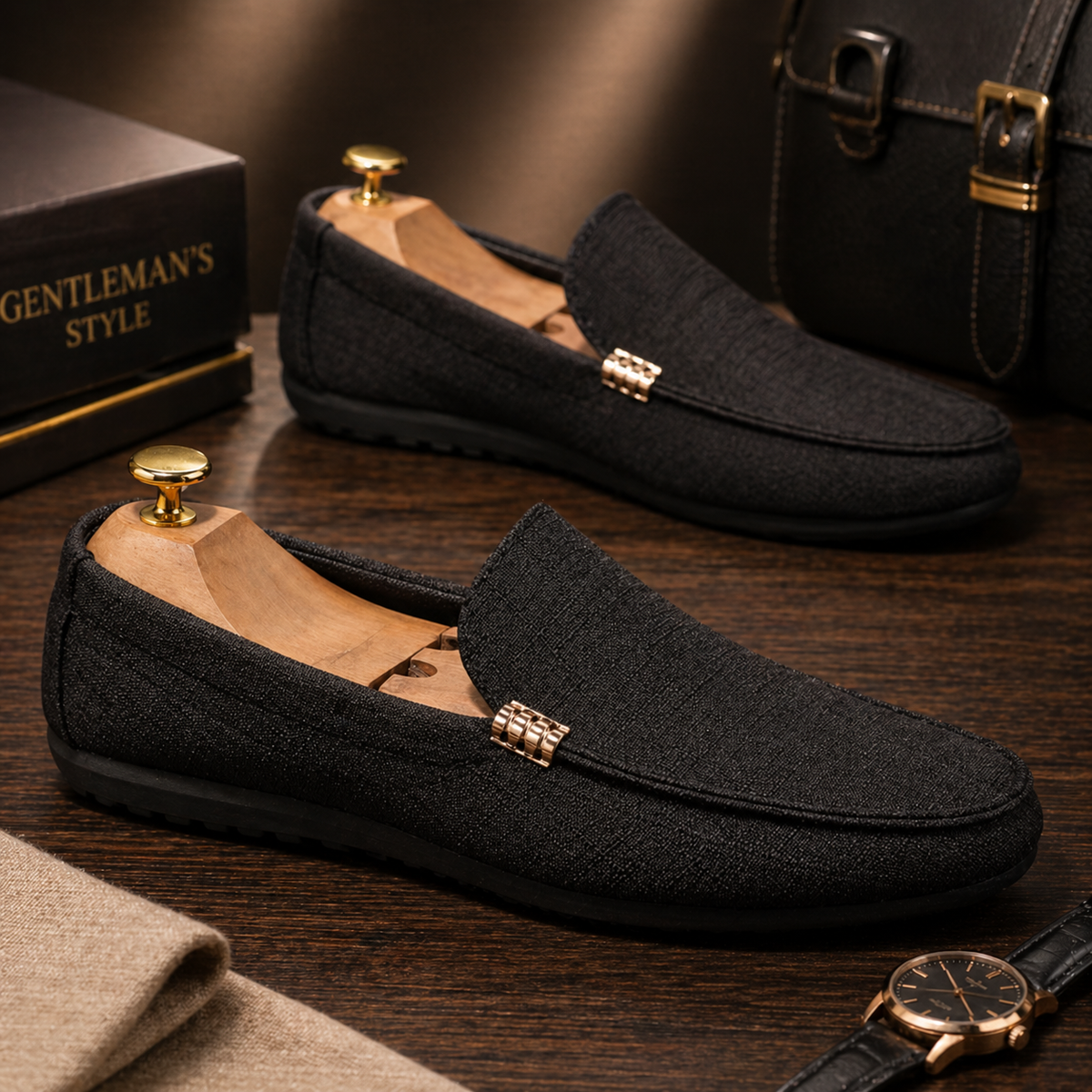 Black canvas moccasin loafers with gold trim, propped near leather bag