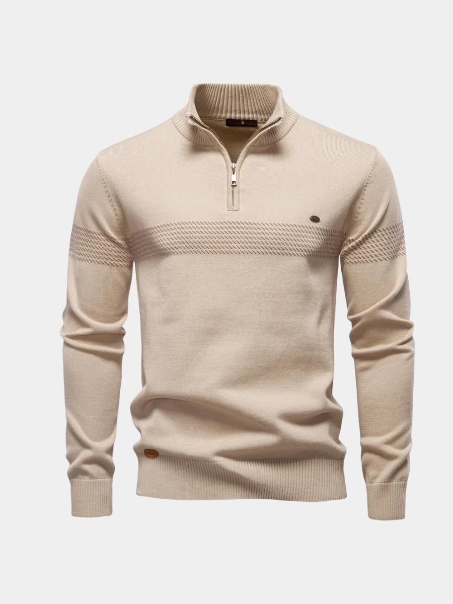 Beige quarter-zip jumper with contrast chest stripe and ribbed collar detail