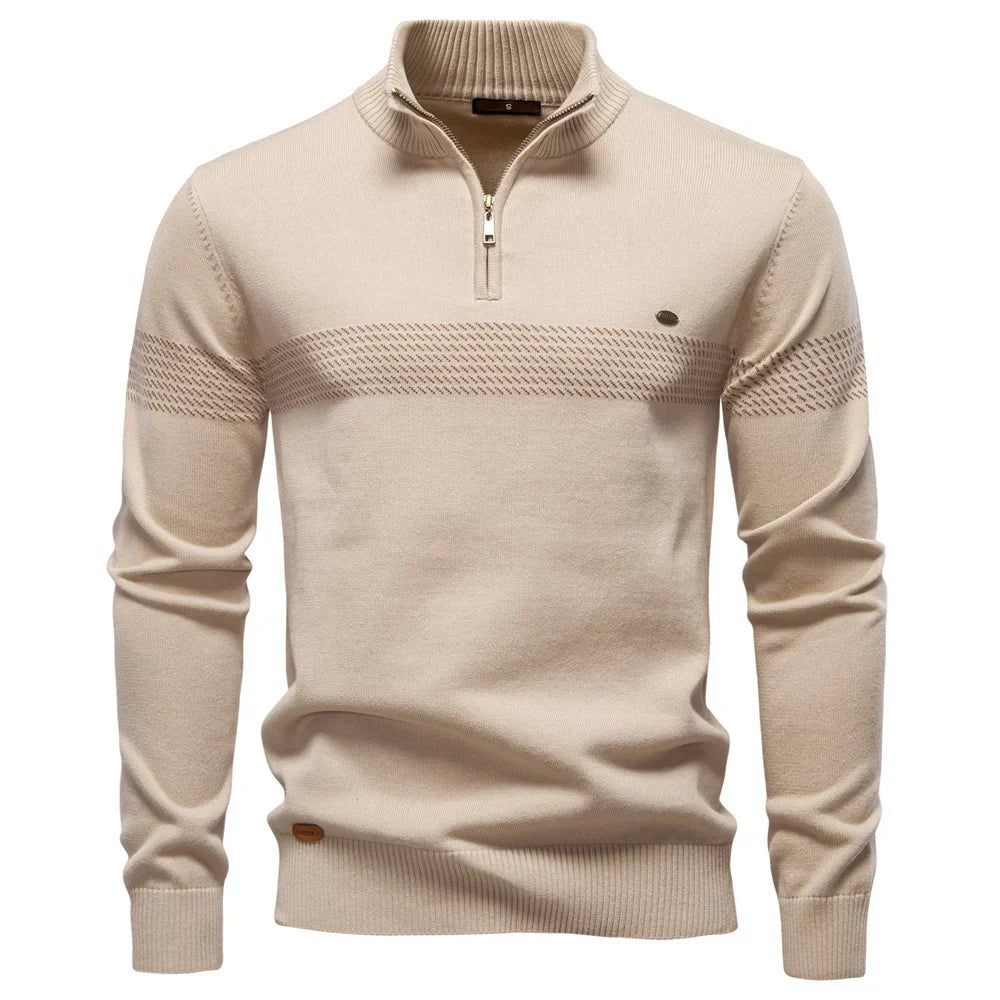 Cream half-zip knit pullover featuring textured stripe across chest and sleeve