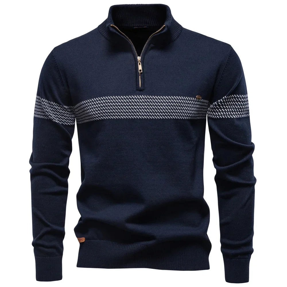Navy half-zip jumper with white striped chest panel and ribbed cuffs