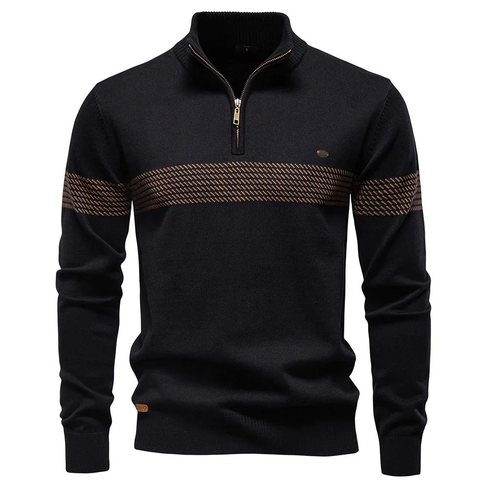 Black quarter-zip knitted jumper with tan striped chest and sleeve detail