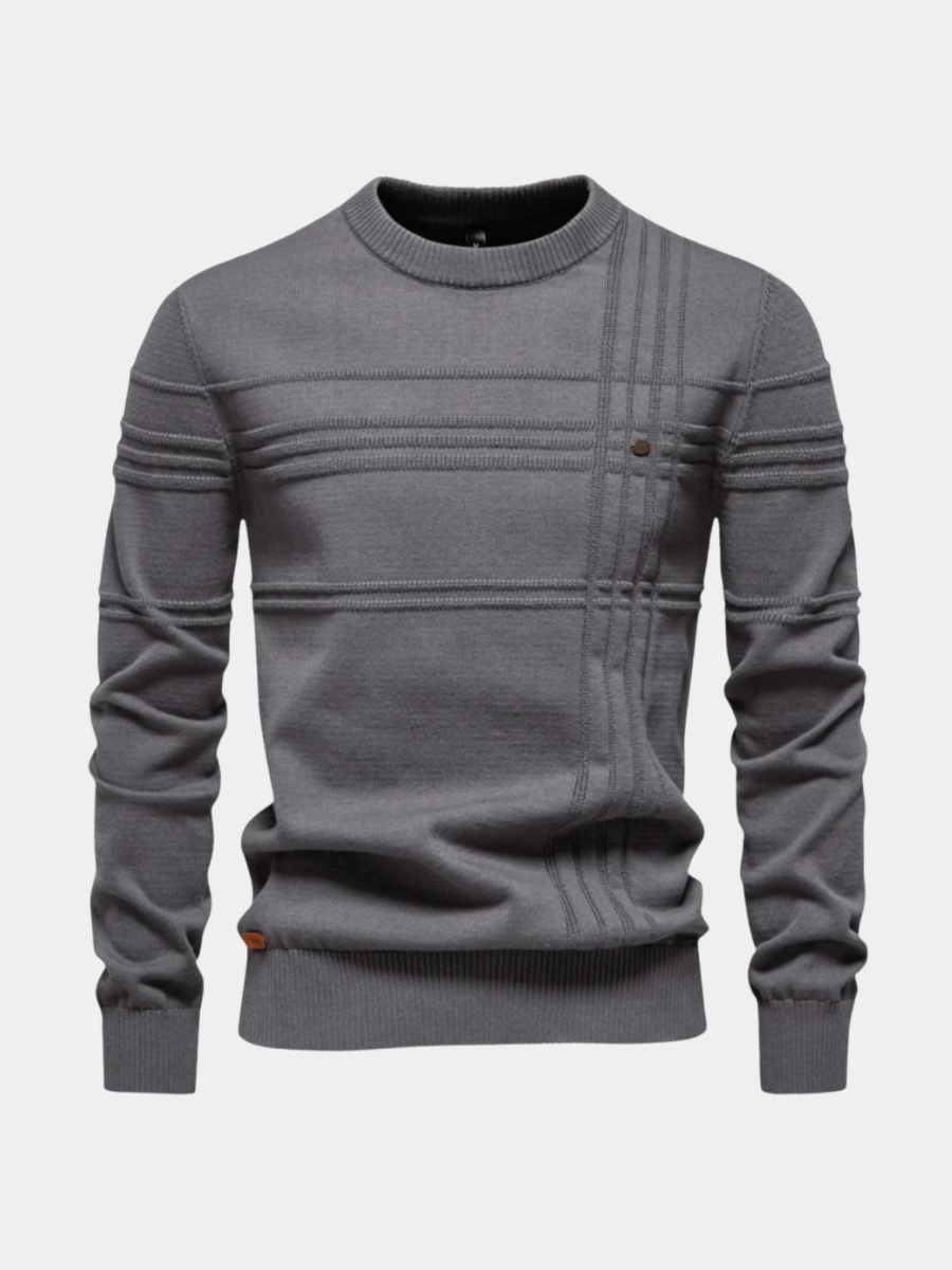 Grey ribbed-stripe crew neck jumper with button detail on chest