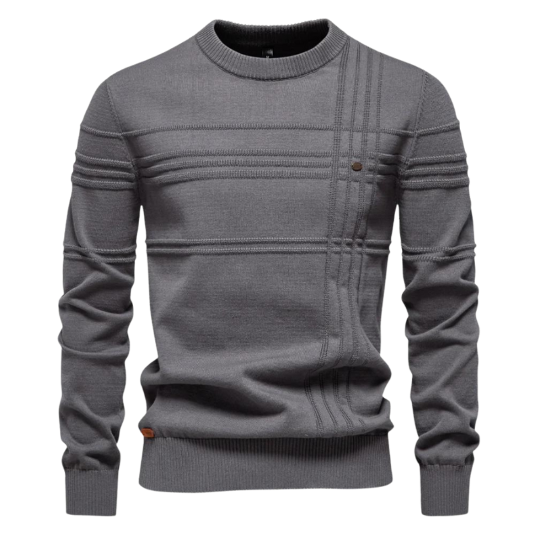 Grey textured knit jumper featuring vertical and horizontal ribbed stripes