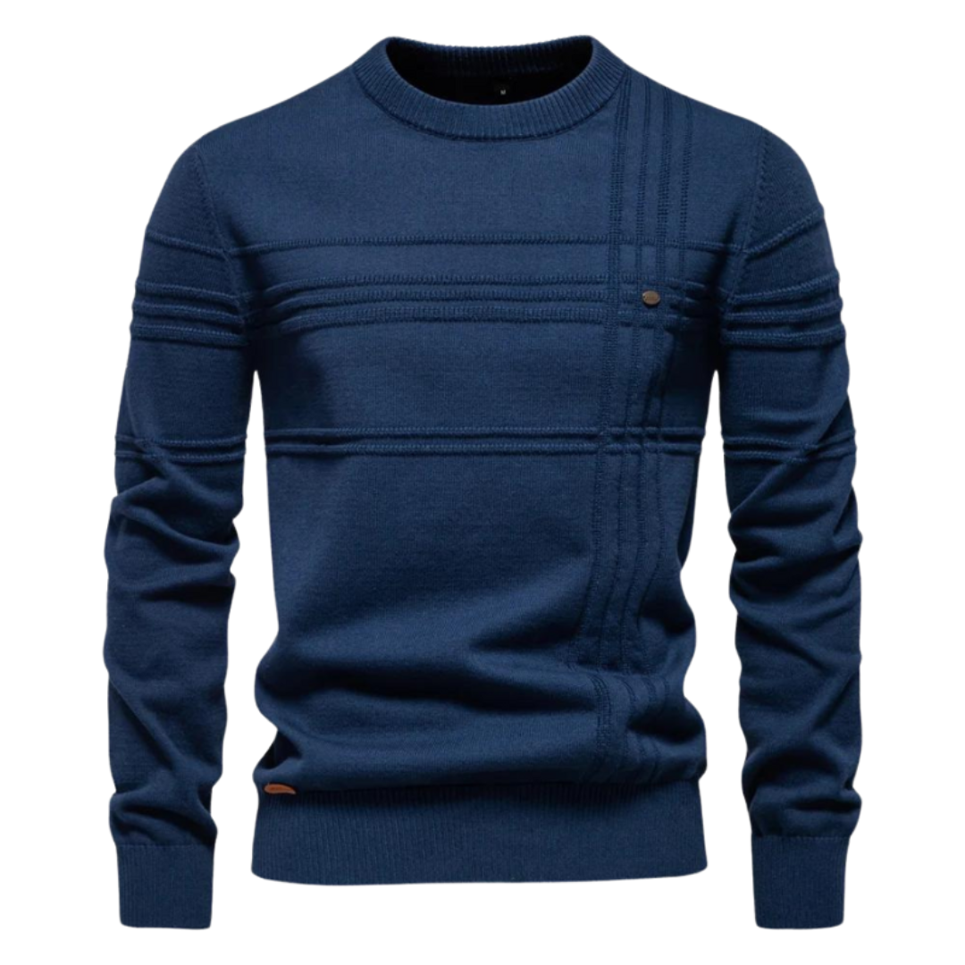 Navy blue crew neck jumper with ribbed stripe pattern and button trim