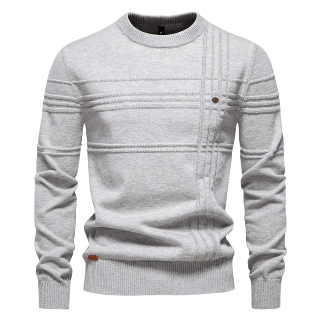 Light grey striped crew neck jumper with textured knit panels