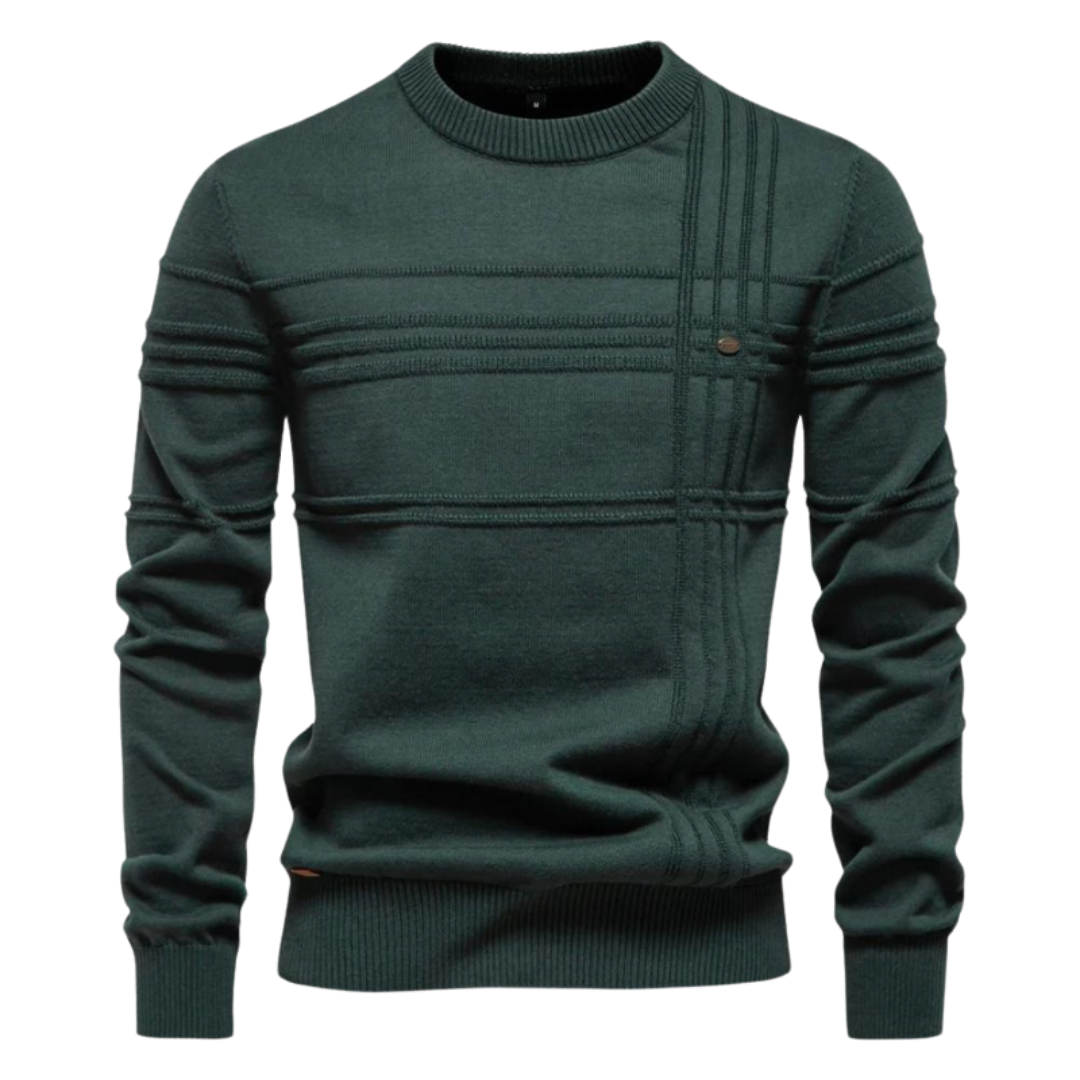 Forest green ribbed-stripe jumper with subtle button accent