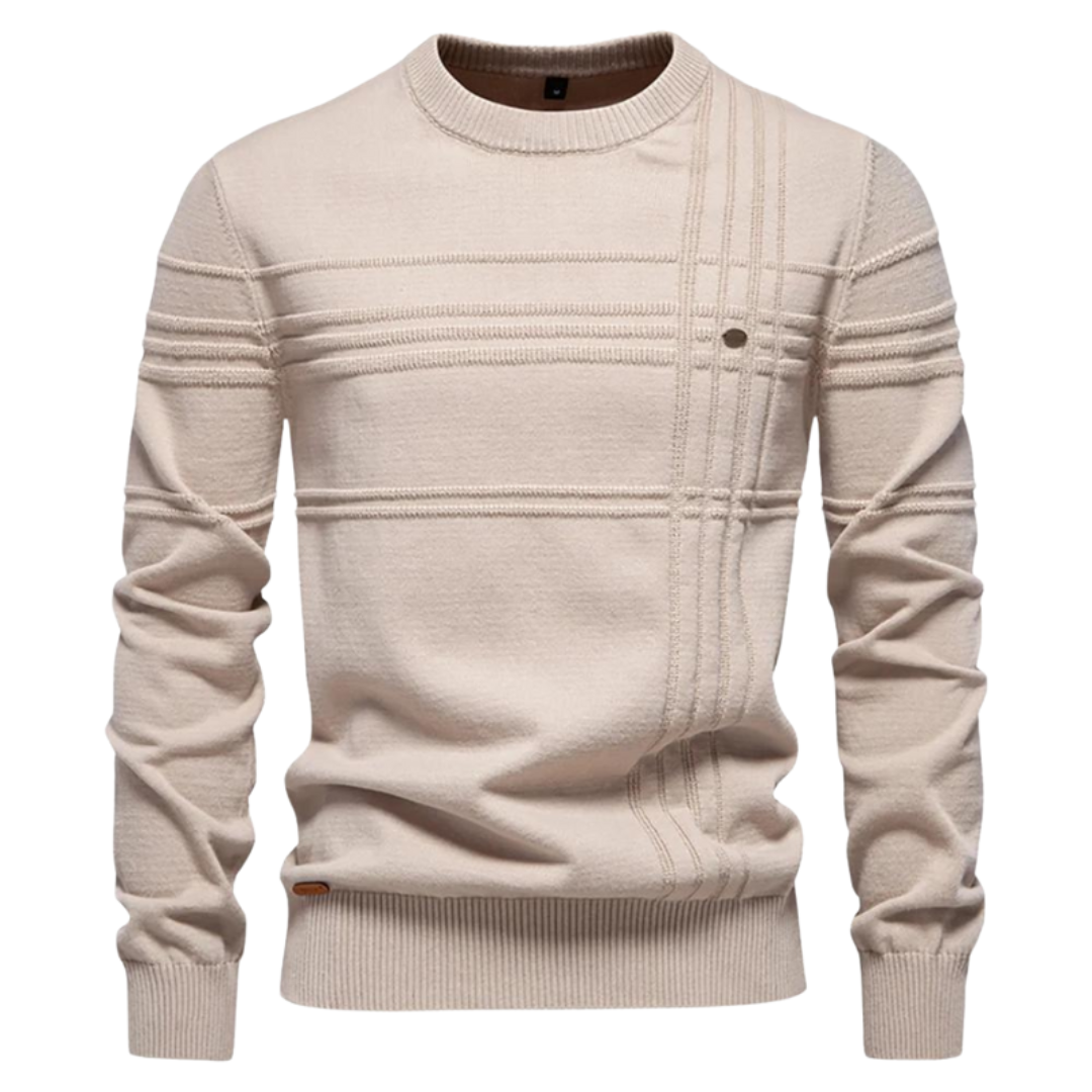 Beige textured knit jumper with crossing ribbed stripe design
