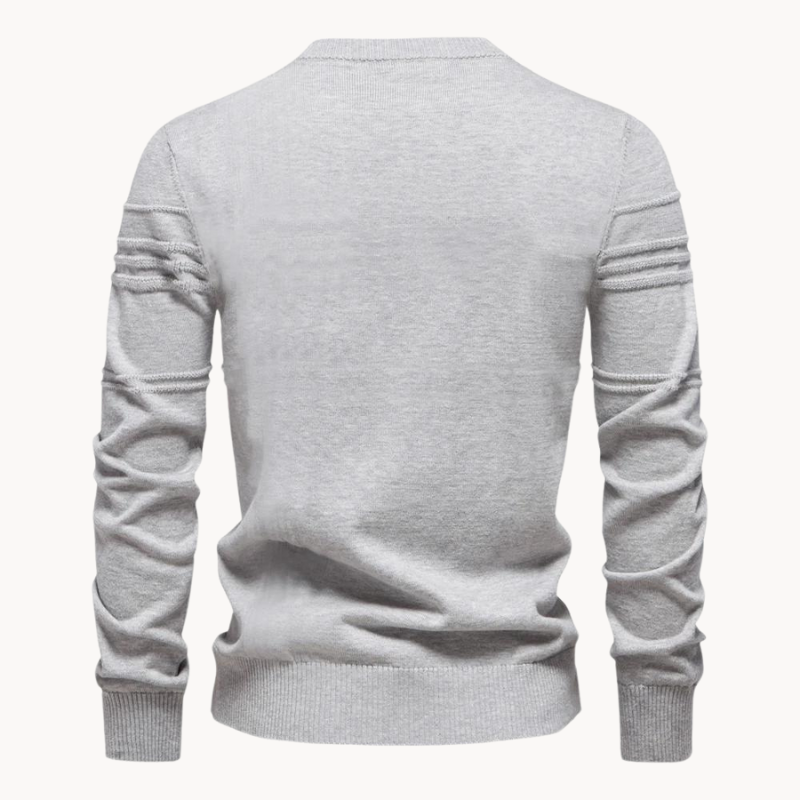 Light grey striped jumper shown from the back with ribbed sleeve detail