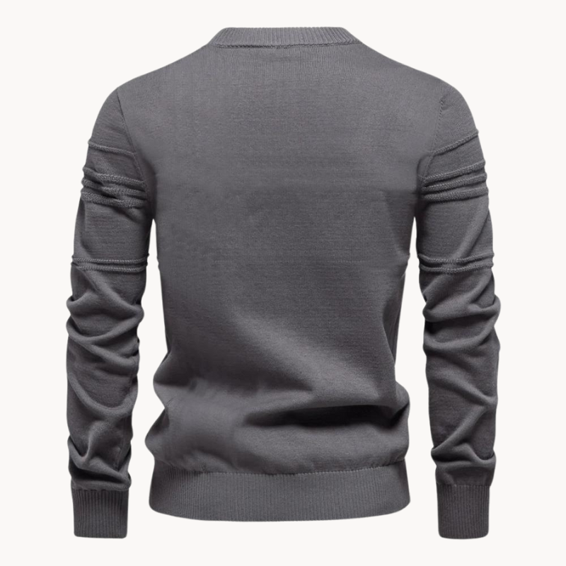 Charcoal grey jumper back view highlighting ribbed sleeve stripes