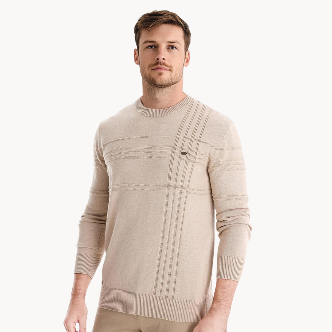 Man wearing beige striped crew neck jumper with ribbed cuffs