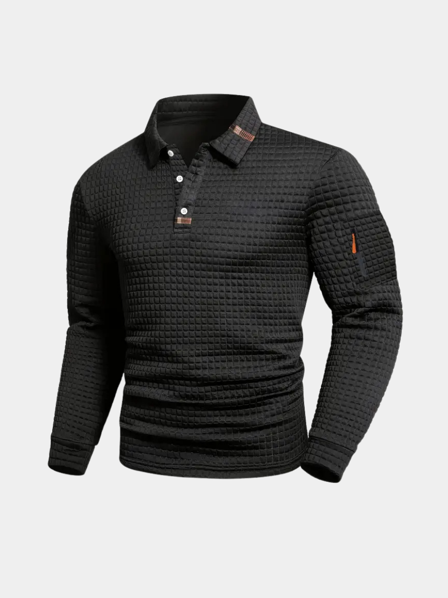 Black long sleeve polo shirt with textured grid pattern and sleeve zip pocket