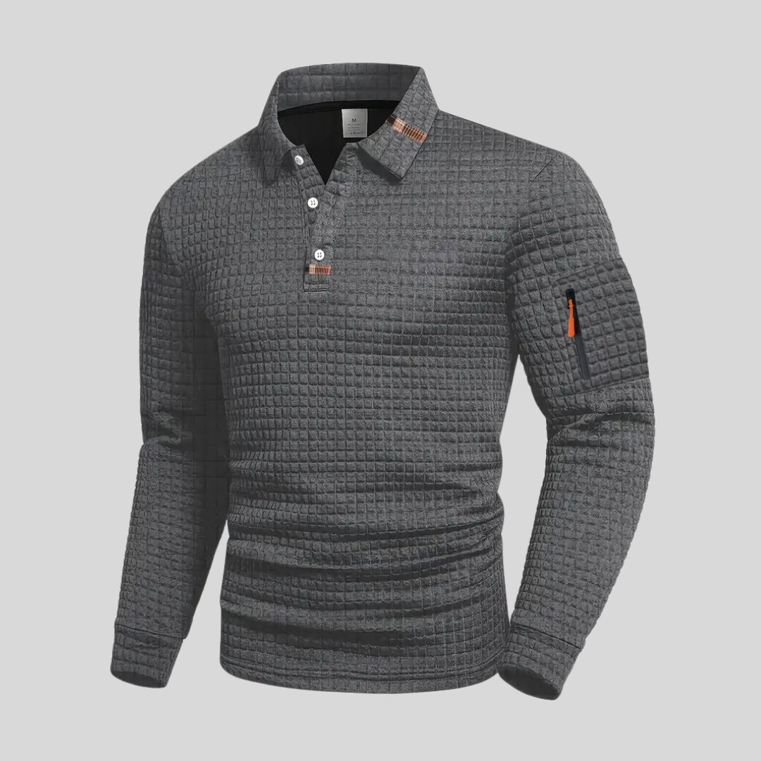 Grey long sleeve polo shirt with raised check texture and sleeve zip pocket