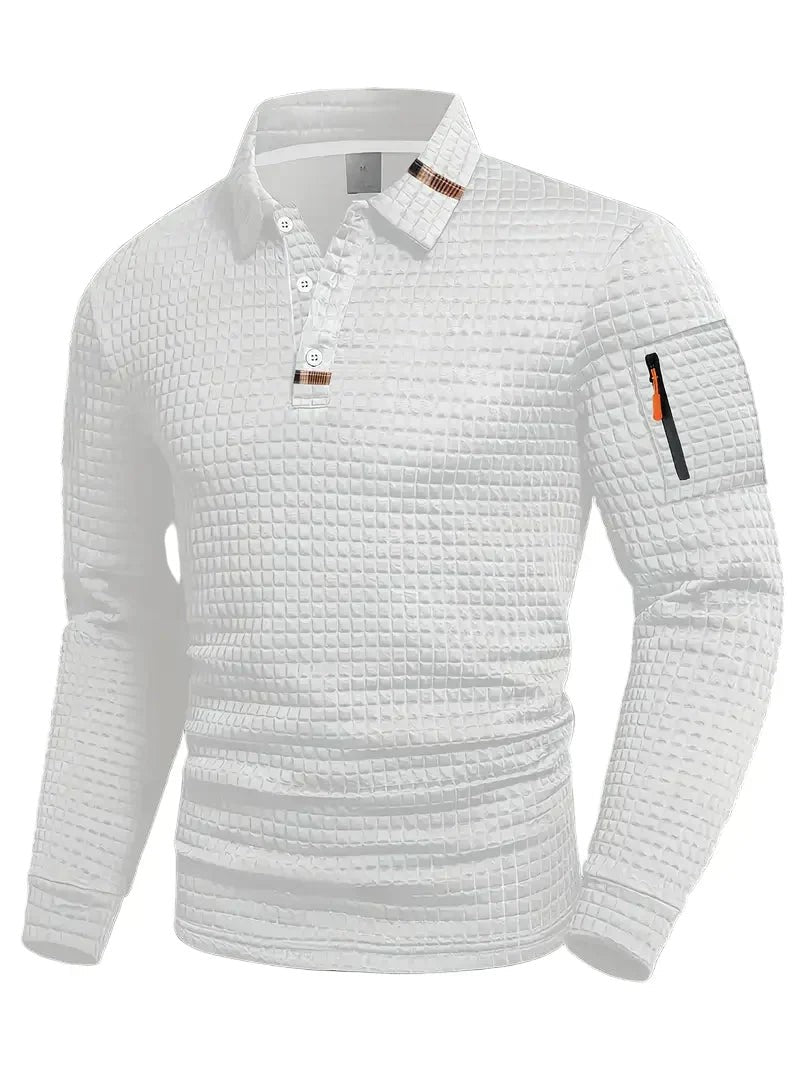 White textured polo shirt with contrast plaid trim and zip sleeve pocket