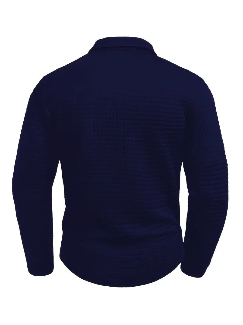Rear view of navy textured polo shirt showing ribbed sleeves and collar