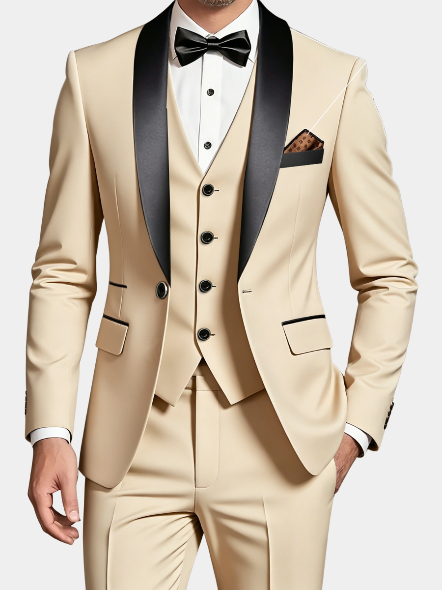 Beige three-piece tuxedo with black shawl lapel and pocket square detail