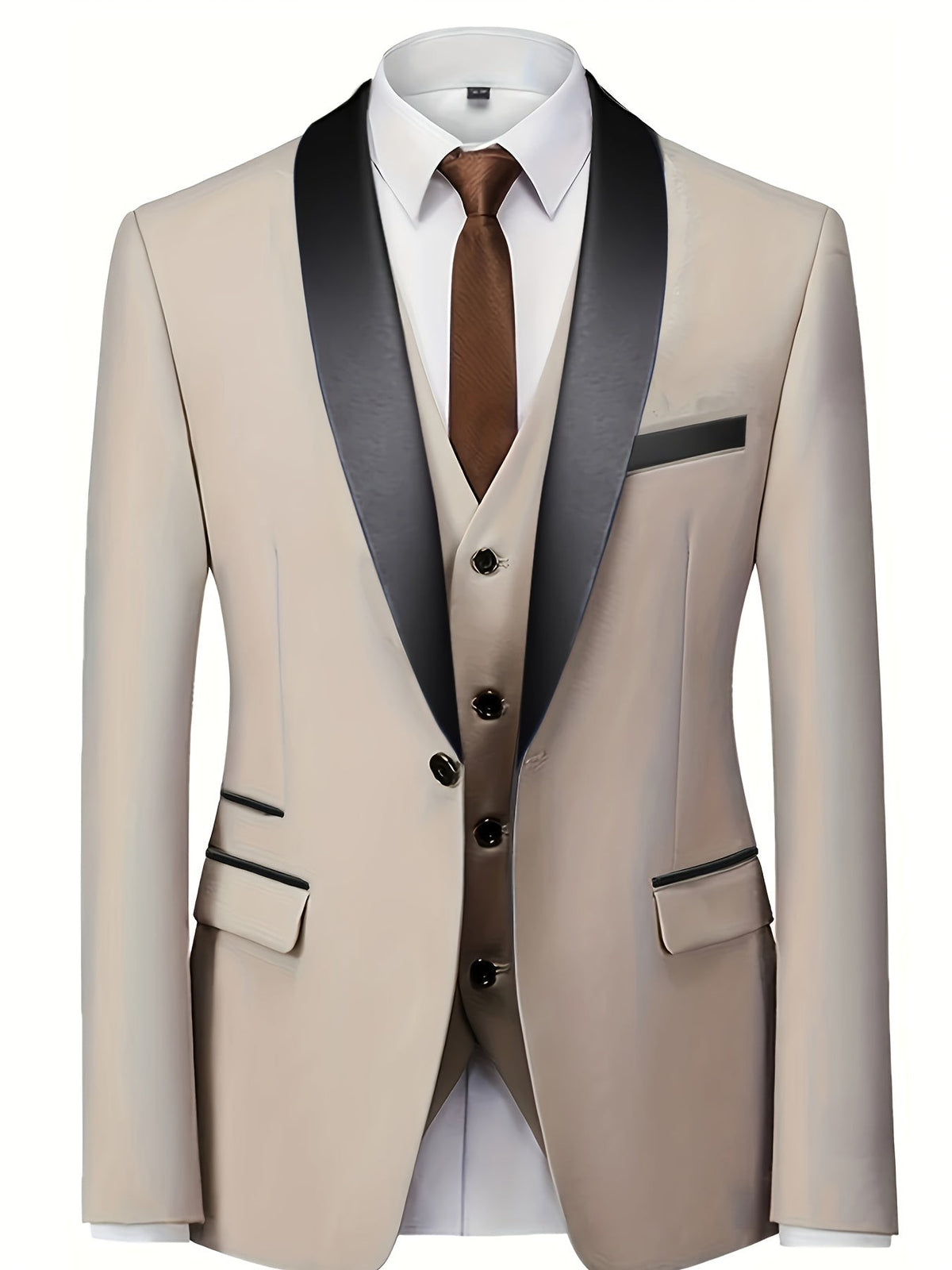 Beige shawl-collar suit jacket and waistcoat with brown tie