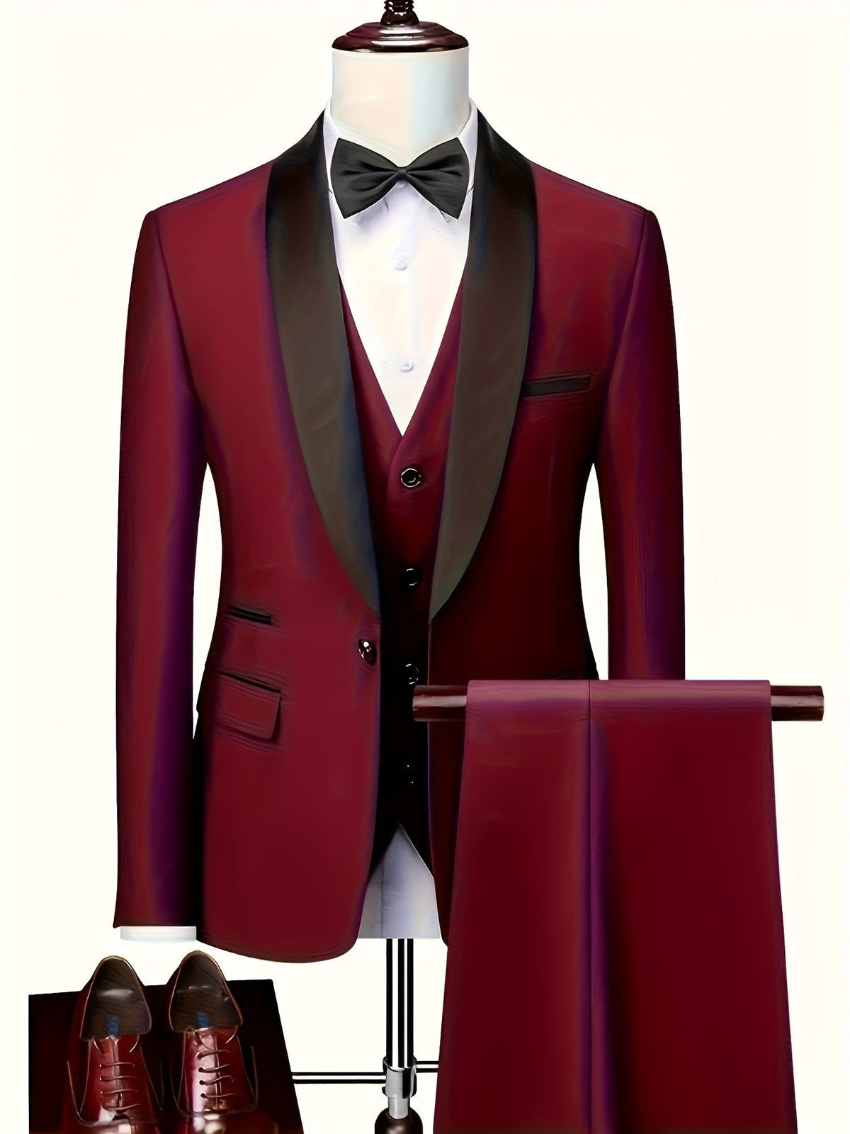 Burgundy shawl-collar suit set styled with matching leather shoes